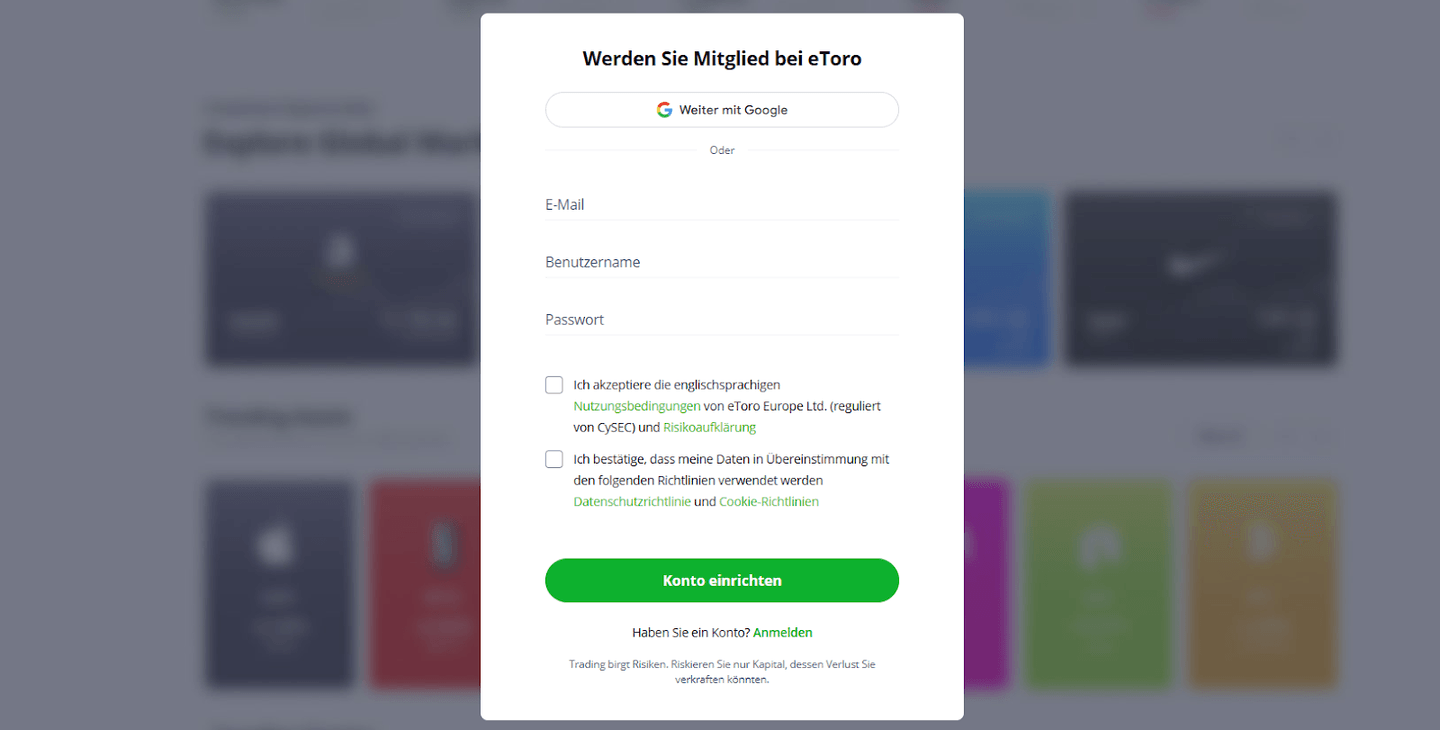Zweiter Schritt um ein eToro Konto zueröffnen